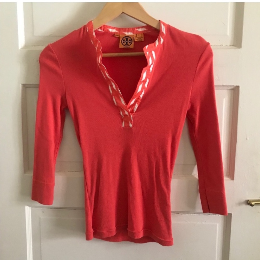 Tory Burch Women's Coral Top with Patterned Trim in excellent used condition